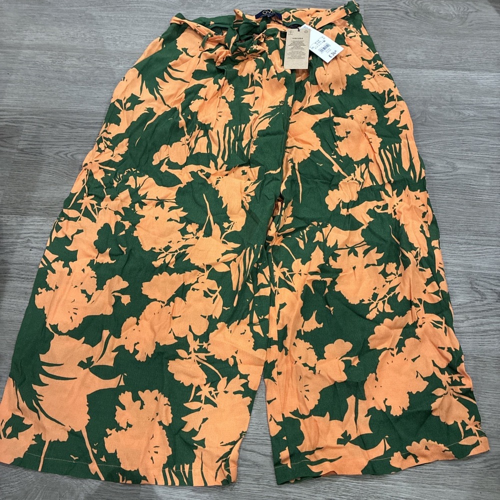 OVS Green & Orange Floral Tropical Belt Tie Capri Pants | Size 12